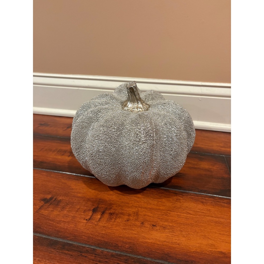 Silver Beaded Decorative Pumpkin Metallic Faux Harvest Fall Decor 7.5x9in